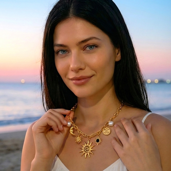 Boho Celestial 18K Gold Plated Sun Moon Charm Necklace 316L Stainless Steel - Picture 6 of 12